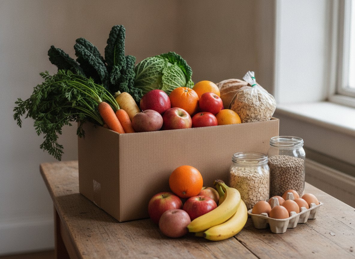 A box of fresh vegetables, fruit, bread, oats and eggs on a wooden table